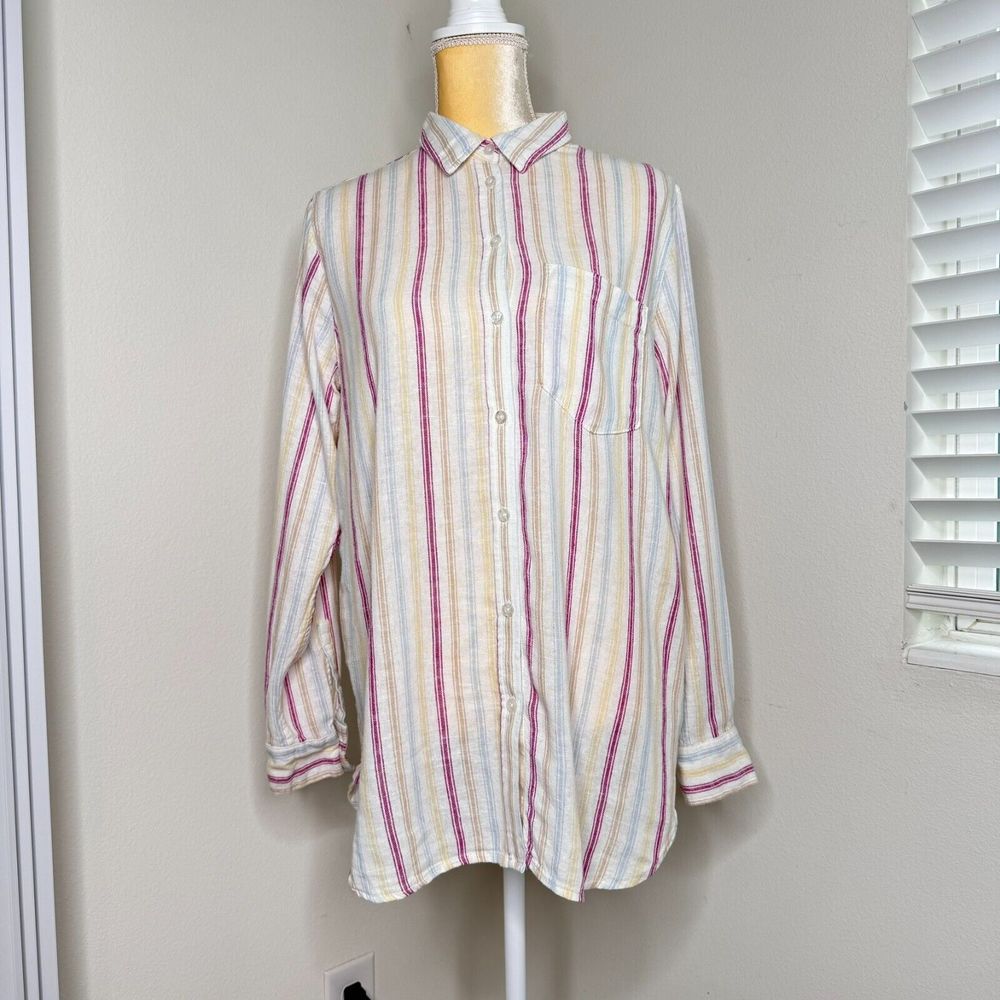 Gap Women Linen Blend Button Down Shirt Boyfriend Blouse Sz M Multicolor Stripes